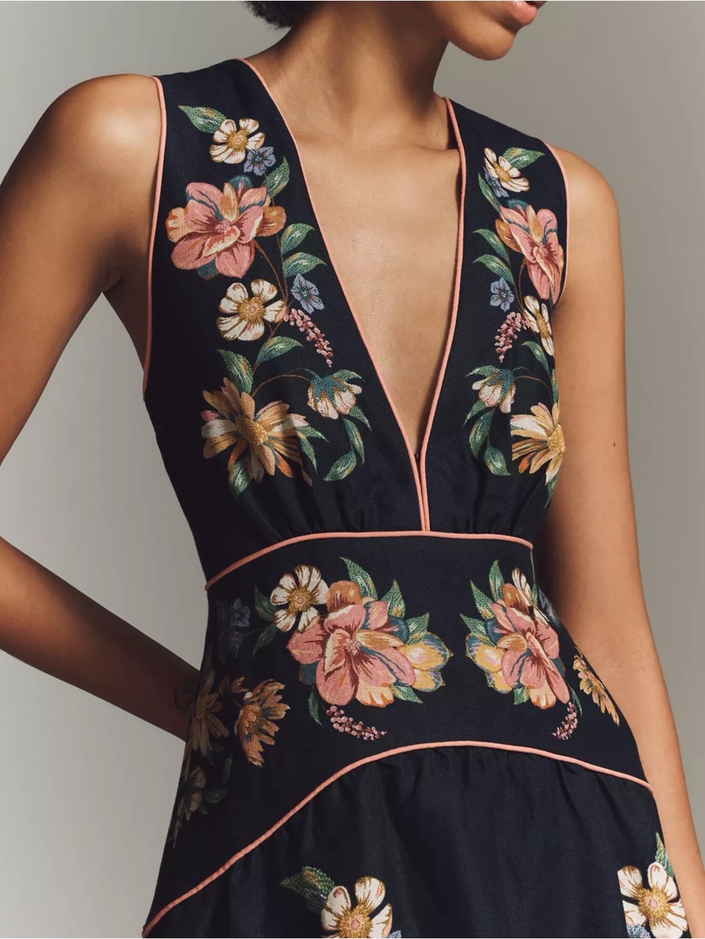 FARM RIO Maira Floral Linen Sleeveless Plunge Maxi Dress SMALL Navy Blue NWT - Picture 4 of 7